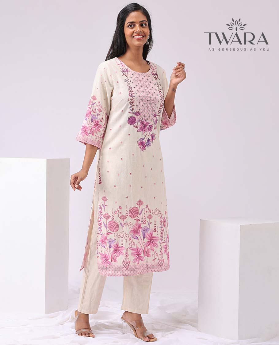 Twara white floral embroidery round neck, 3/4th sleeve, below knee lenght kurti with palazzo pants & floral printed dupatta