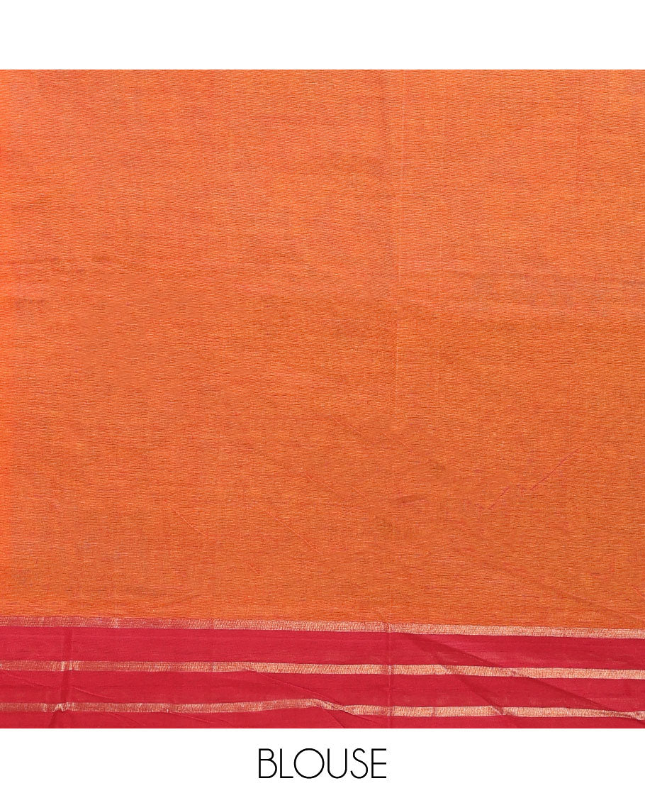 Orange Combatiore cotton saree with floral buttas, contrast striped border & floral design pallu