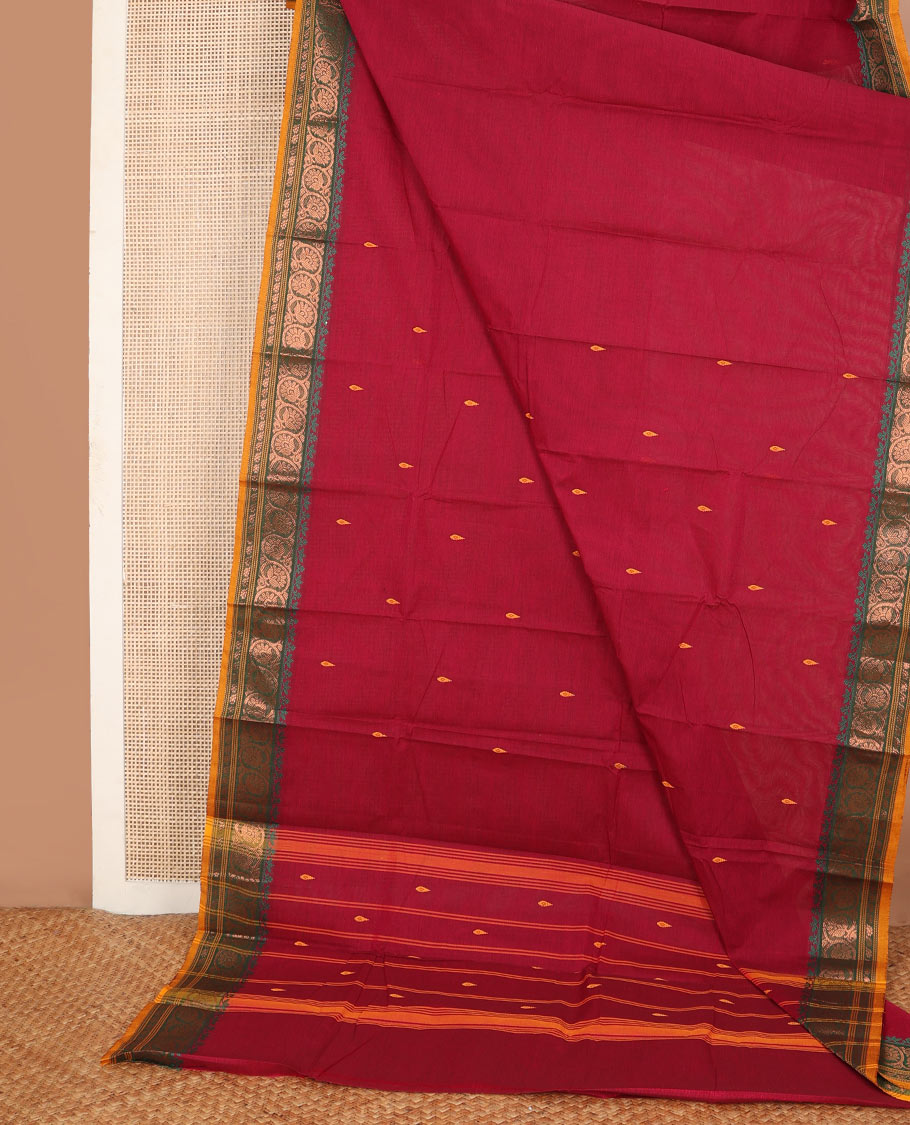 Crimson red buttas Chettinad cotton saree, contrast floral creeper zari design border & pallu of stripes
