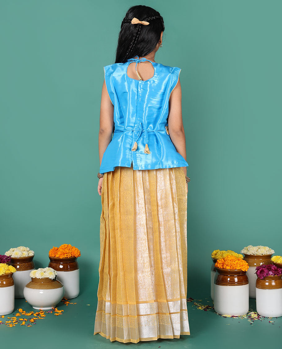 Yellow readymade art silk pavadai, jacquard skirt, & jacquard embroidered round neck sleeveless blouse with contrast zari work belt