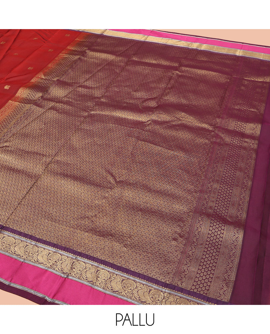 Maroon Vasundhara Lite Silk Mix Saree, Accentuated with Annam Chakram Zari Buttas, Complemented by a Contrast Rettai Pettu Border of Rekku, Kathir, and Mayil Designs, Meticulously Designed Pallu, and Paired with a Contrast Blouse