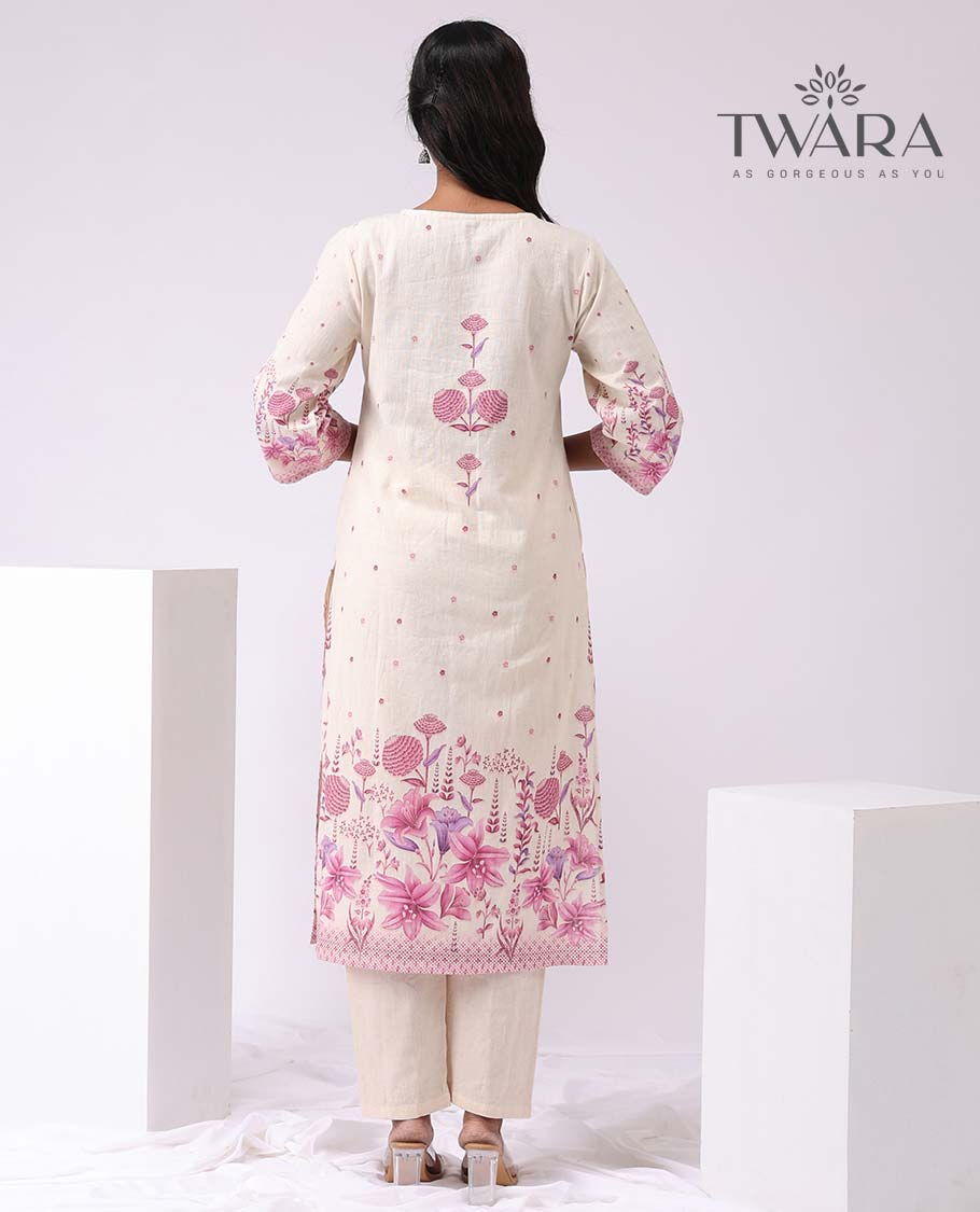 Twara white floral embroidery round neck, 3/4th sleeve, below knee lenght kurti with palazzo pants & floral printed dupatta