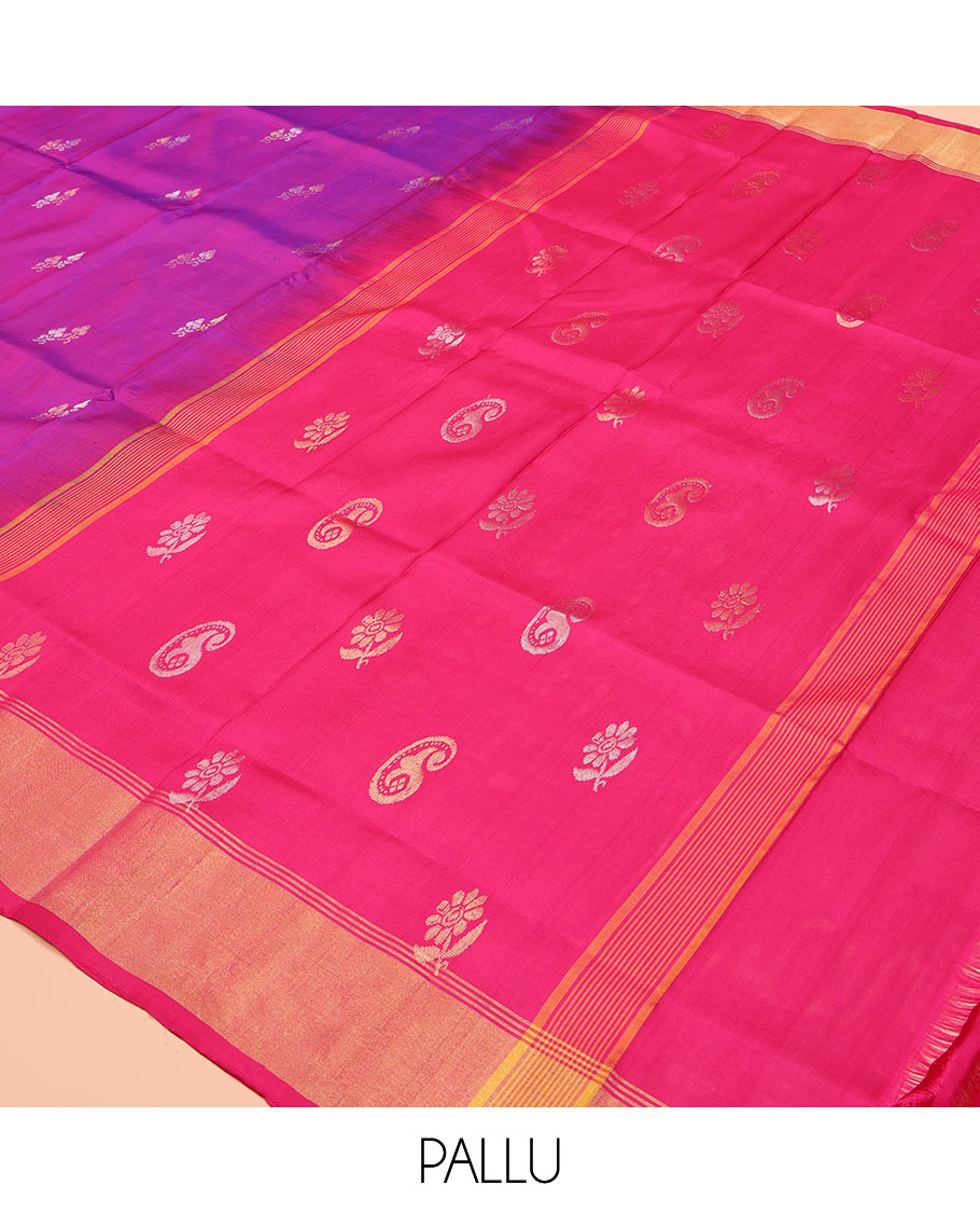 Rani Pink Uppada Silk Saree, Prettified with Zari Buttas All Over Its Body, Complemented by a Contrast Bavanji Border, Pallu Steeped with Zari Buttas, and Paired with a Contrast Blouse