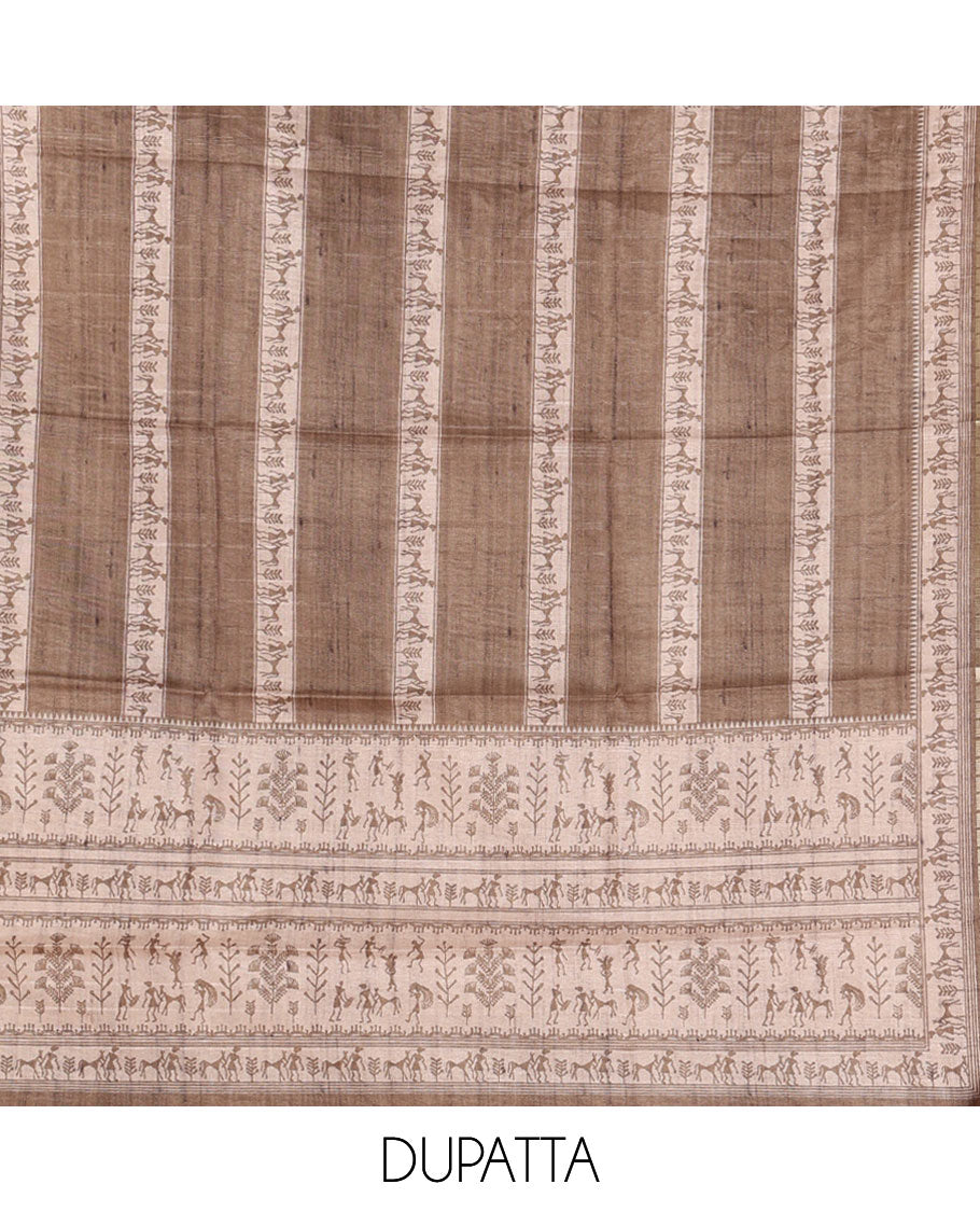 Chikku-base semi-tussar material chudidar set, floral & warli motifs top, contrast brown plain bottom & warli motifs steeped dupatta