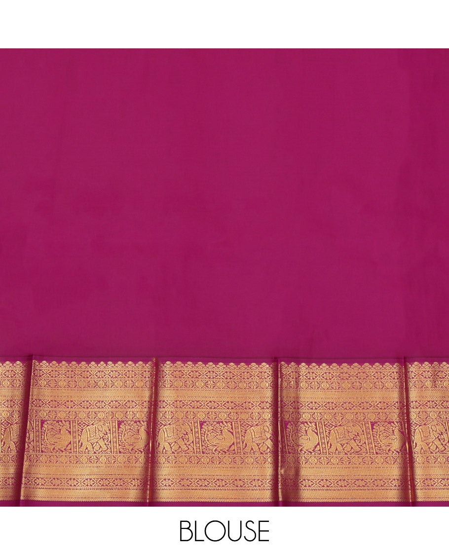 Pink Budget Silk Saree, Woven with Floral Buttas, a Contrast Traditional Elephant-Peacock Zari Border, an Intricate Geomentric Pallu and a Contrast Blouse