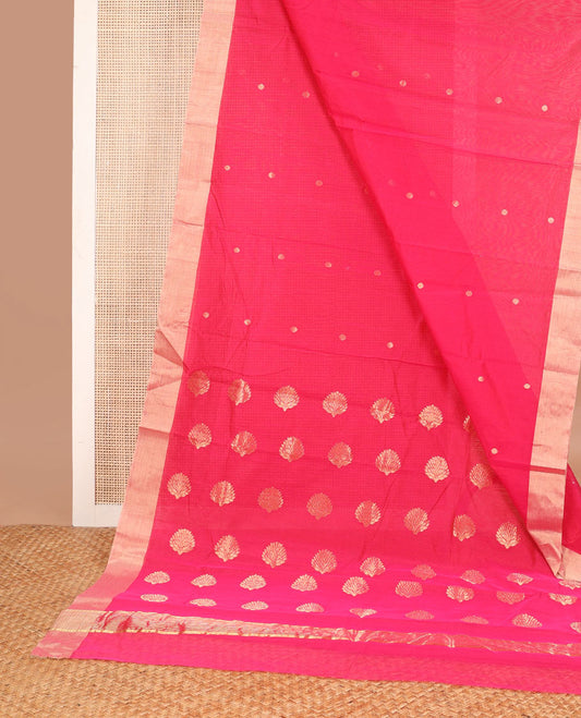 Pink motifs chanderi cotton saree with contrast zari border & striped pallu