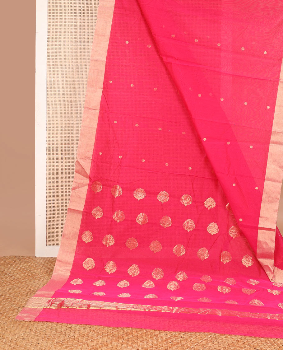 Pink motifs chanderi cotton saree with contrast zari border & striped pallu