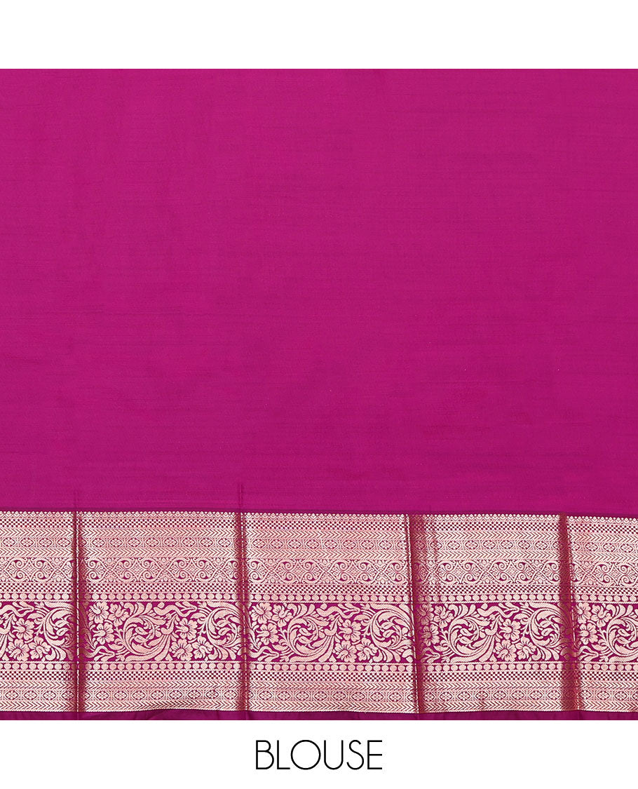 Green Budget Silk Saree, Detailed with Zari Buttas, Complemented by a Contrast Traditional Zari Border, Pallu of Paisleys, and a Contrast Blouse
