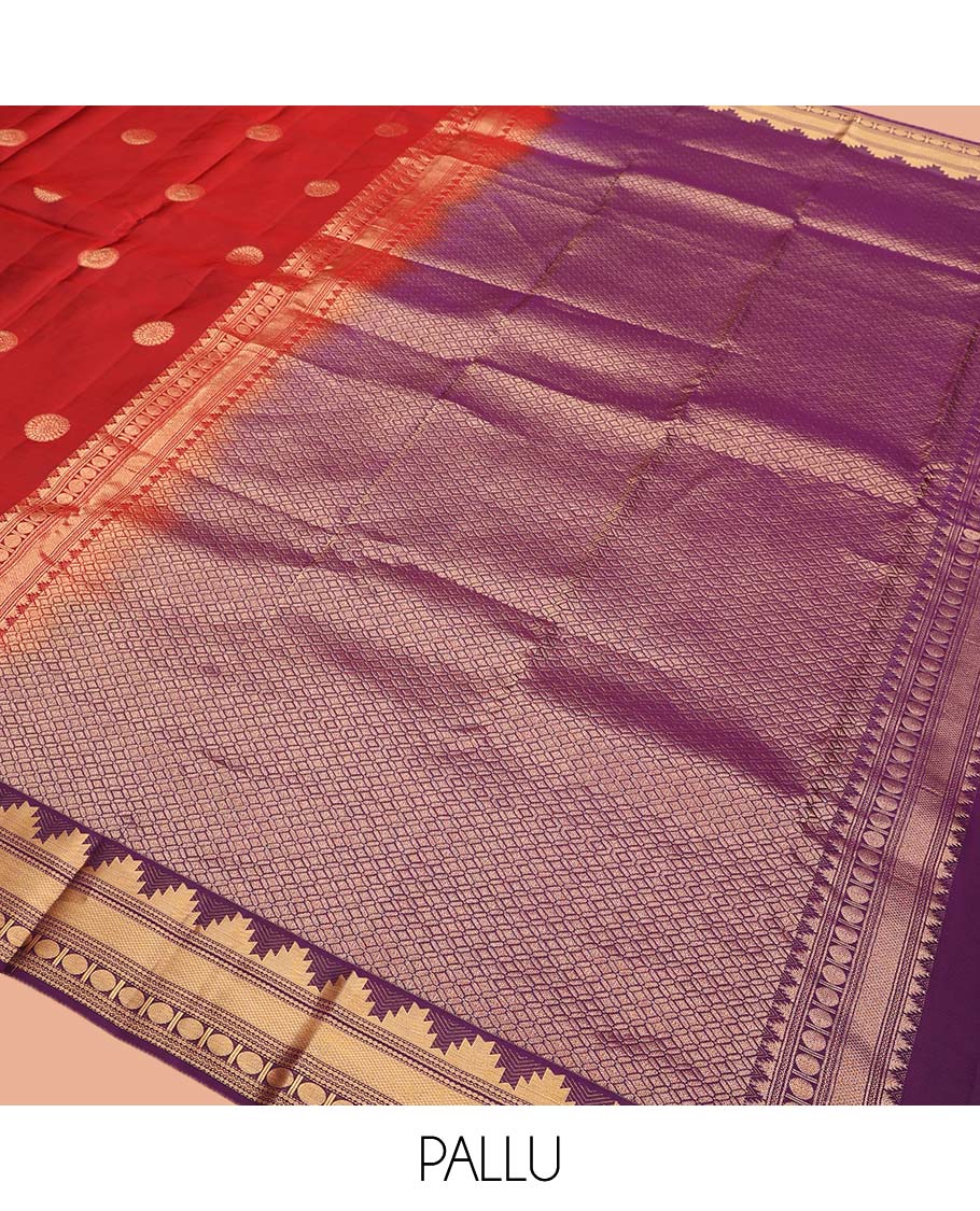 Red Vasundhara Lite Silk Mix Saree, Artfully Woven with Chakram Buttas All Over Its Body, Complemented by a Contrast Border of Thazampoo Rekku, Paisa, Neli, Mayil Kann, and Rudraksham Designs, Pallu of Geometric Patterns, and Paired with a Contrast Blouse