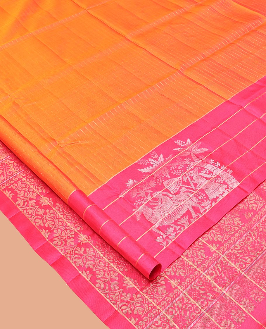 Orange Mayuri Lite Silk Mix Saree, Subtly Woven with Muthu Stripes on Its Body, Complemented by a Contrast Border of Human Figurines, Intricately Designed Pallu, and Paired with a Contrast Blouse