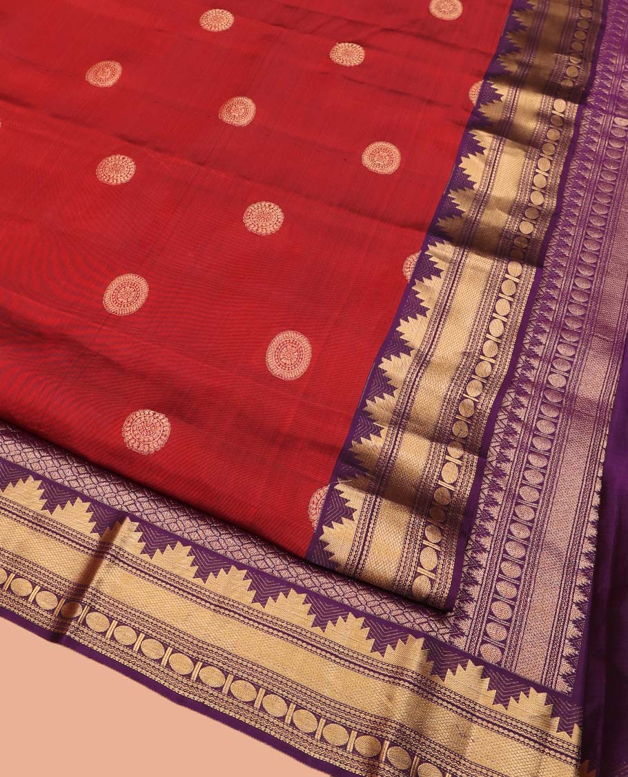 Red Vasundhara Lite Silk Mix Saree, Artfully Woven with Chakram Buttas All Over Its Body, Complemented by a Contrast Border of Thazampoo Rekku, Paisa, Neli, Mayil Kann, and Rudraksham Designs, Pallu of Geometric Patterns, and Paired with a Contrast Blouse