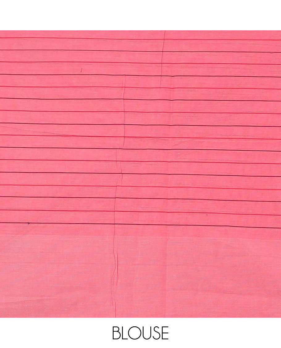 Red striped coimbatore cotton saree, self-border of thilakam motifs, and pallu of big thilagam motifs