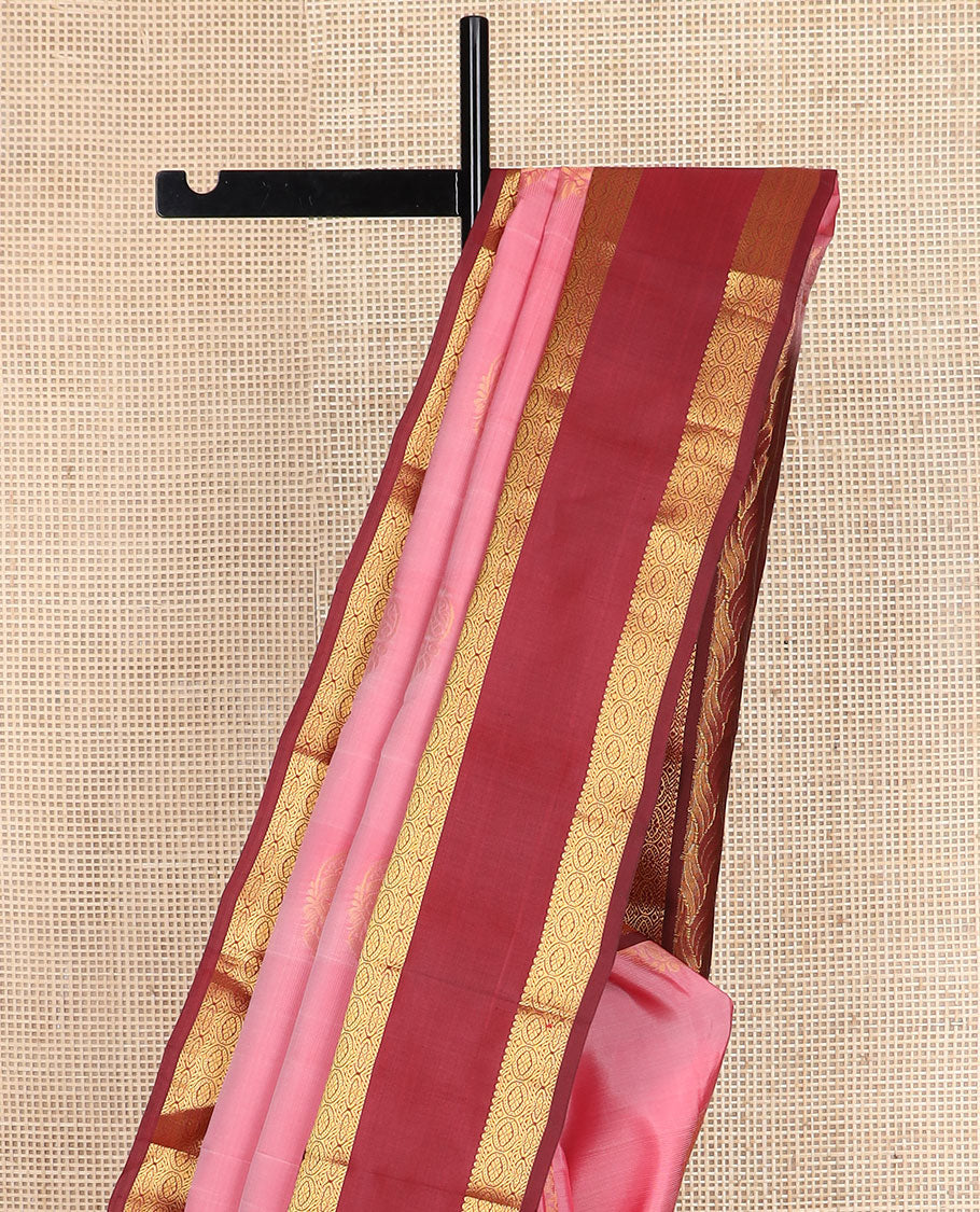 Pink round zari buttas vasundhara silk mix saree, contrast intricate pallu & rettai pettu border of rekku,muthu & chakram