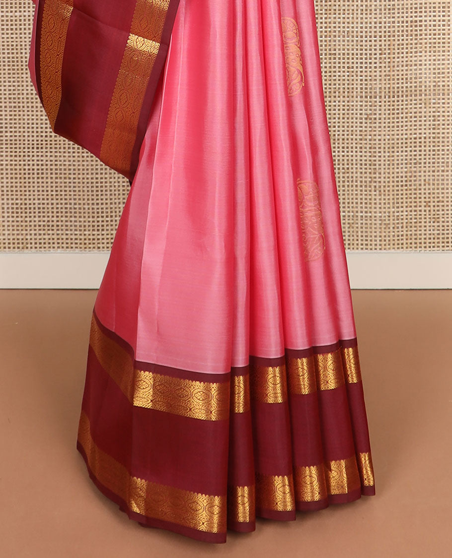 Pink round zari buttas vasundhara silk mix saree, contrast intricate pallu & rettai pettu border of rekku,muthu & chakram