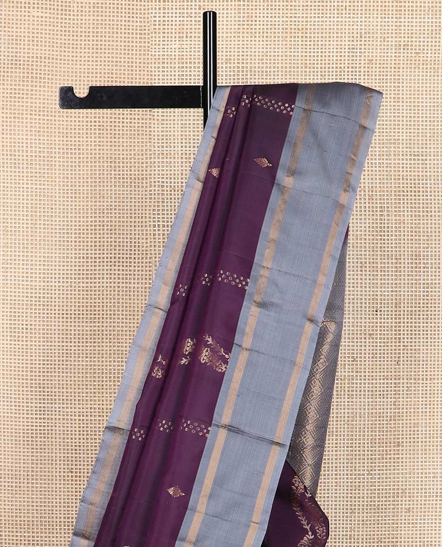 Purple zari buttas silk mix saree, contrast rettai pettu zari striped border & pallu of jaal designs