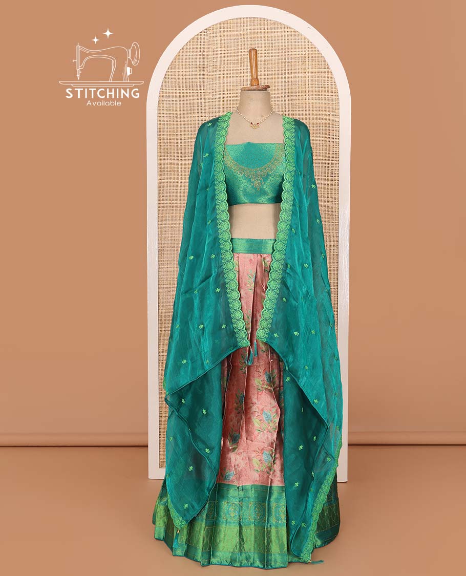 Peach lehenga set, floral printed with contrast traditional stone work border skirt, contrast jacquard stone work blouse, and scallop embroidered dhavani