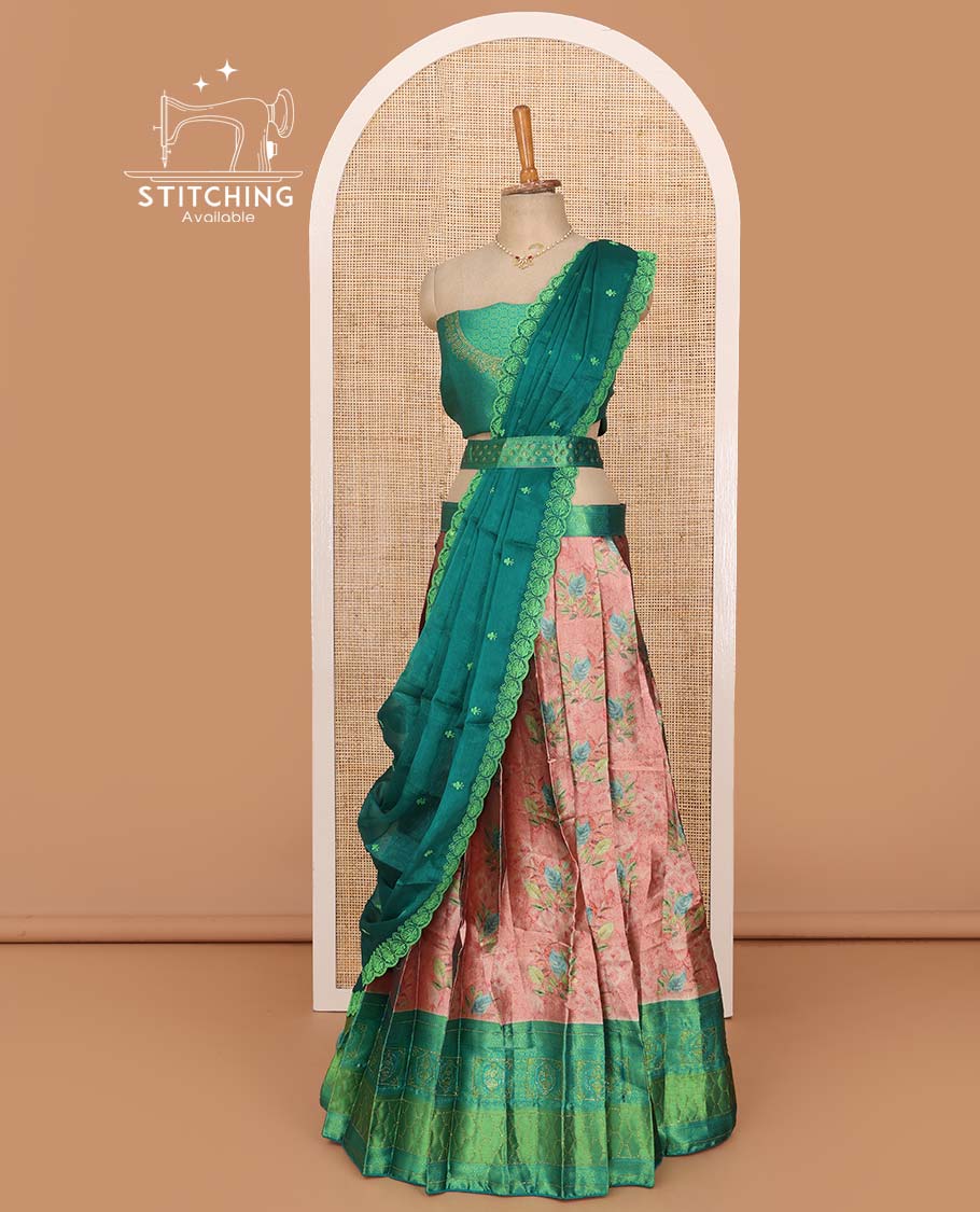 Peach lehenga set, floral printed with contrast traditional stone work border skirt, contrast jacquard stone work blouse, and scallop embroidered dhavani