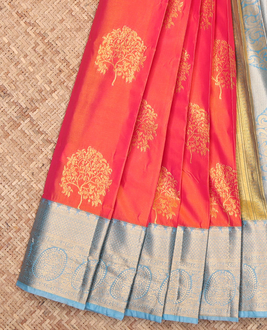 Orange Budget Silk Saree, Mesmerized with Tree Zari Buttas, Complemented by a Contrast Traditional Border, Grand Pallu, and a Contrast Blouse