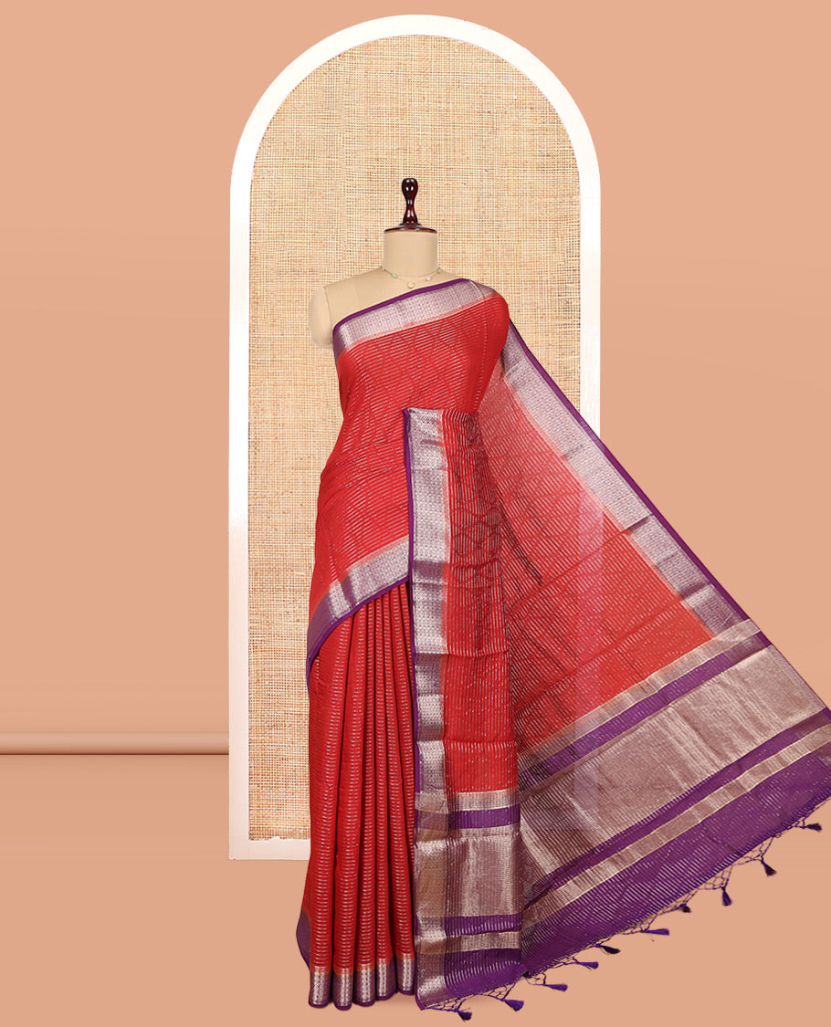 Red Assam Silk Saree, Delicately Woven with Zari Stripes, Complemented by Contrast Jaal Design Border, Zari Woven Pallu, and Contrast Blouse