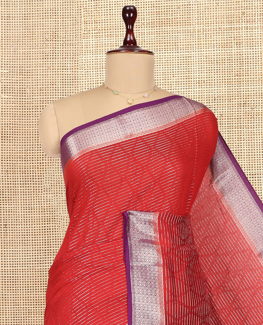 Red Assam Silk Saree, Delicately Woven with Zari Stripes, Complemented by Contrast Jaal Design Border, Zari Woven Pallu, and Contrast Blouse