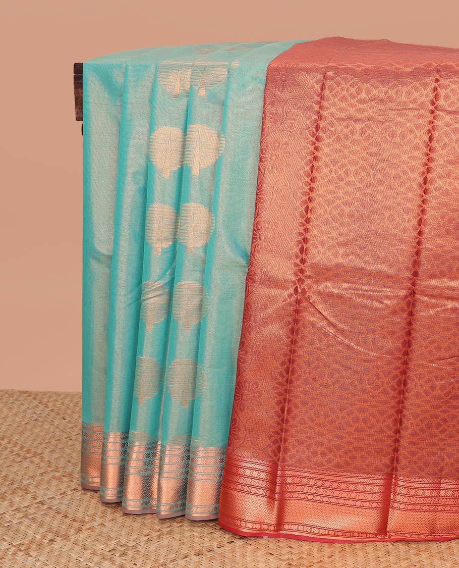 Sea blue tree motifs semi silk cotton saree with contrast floral design border & jaal design pallu
