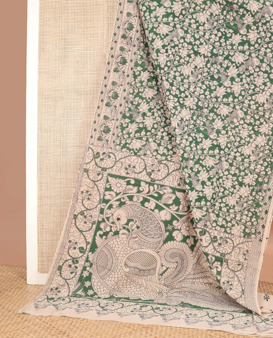 Green flora, and fauna machine printed kalamkari cotton saree, printed border, and pallu of peacock print