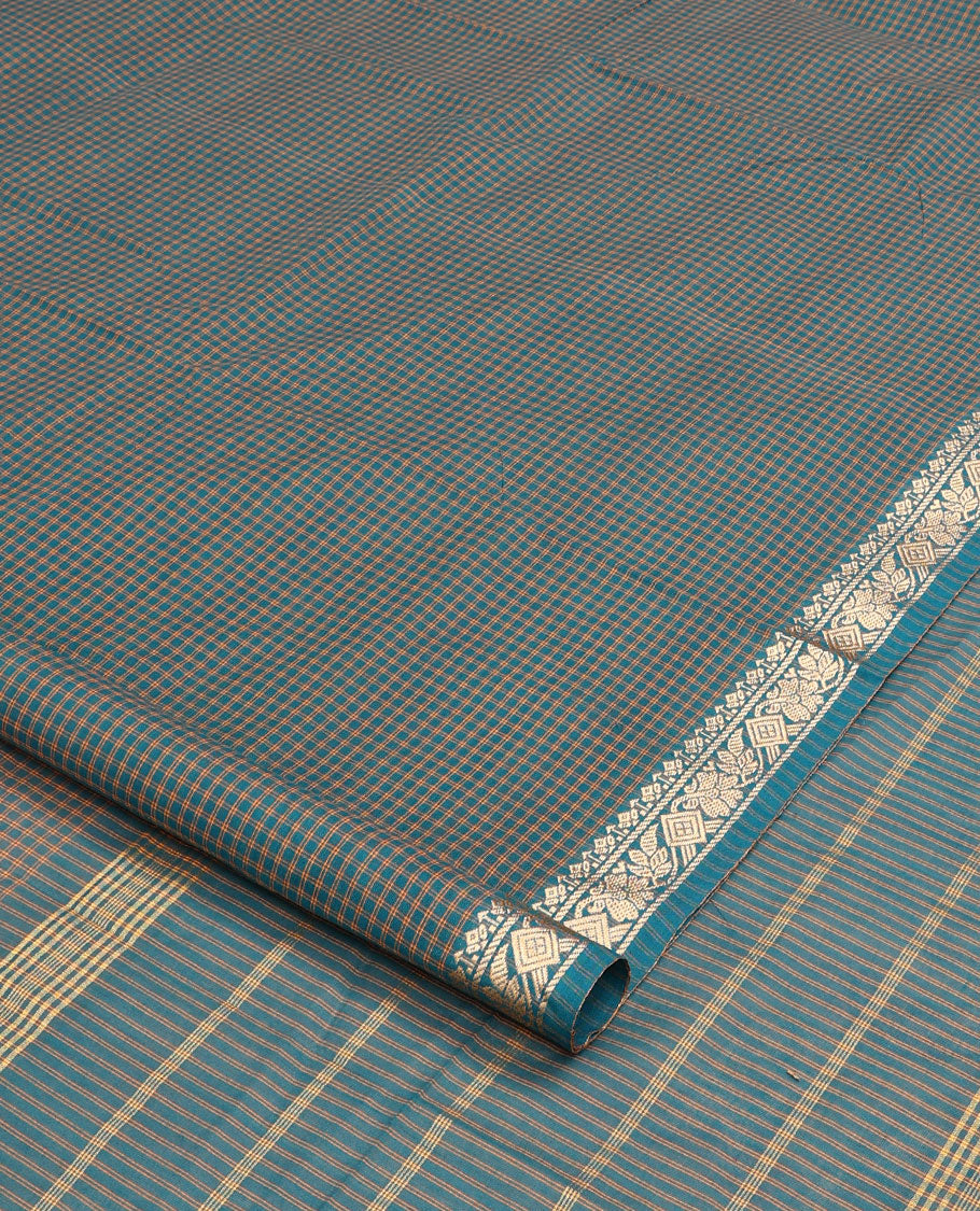 Blue checked nine-yard cotton saree, floral design border, and pallu of stripes
