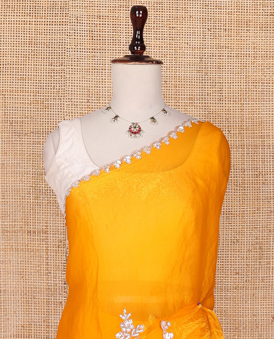 Orange stone embroidered motifs designer saree, scallop crystal stone embroidered border