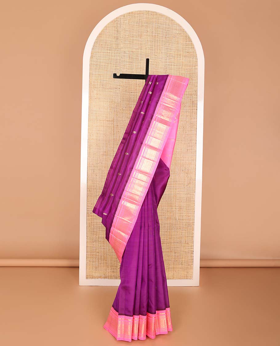 Purple floral buttas kancheepuram silk saree with contrast korvai border of thilakam mokku, muthu, banaras design & zari design pallu