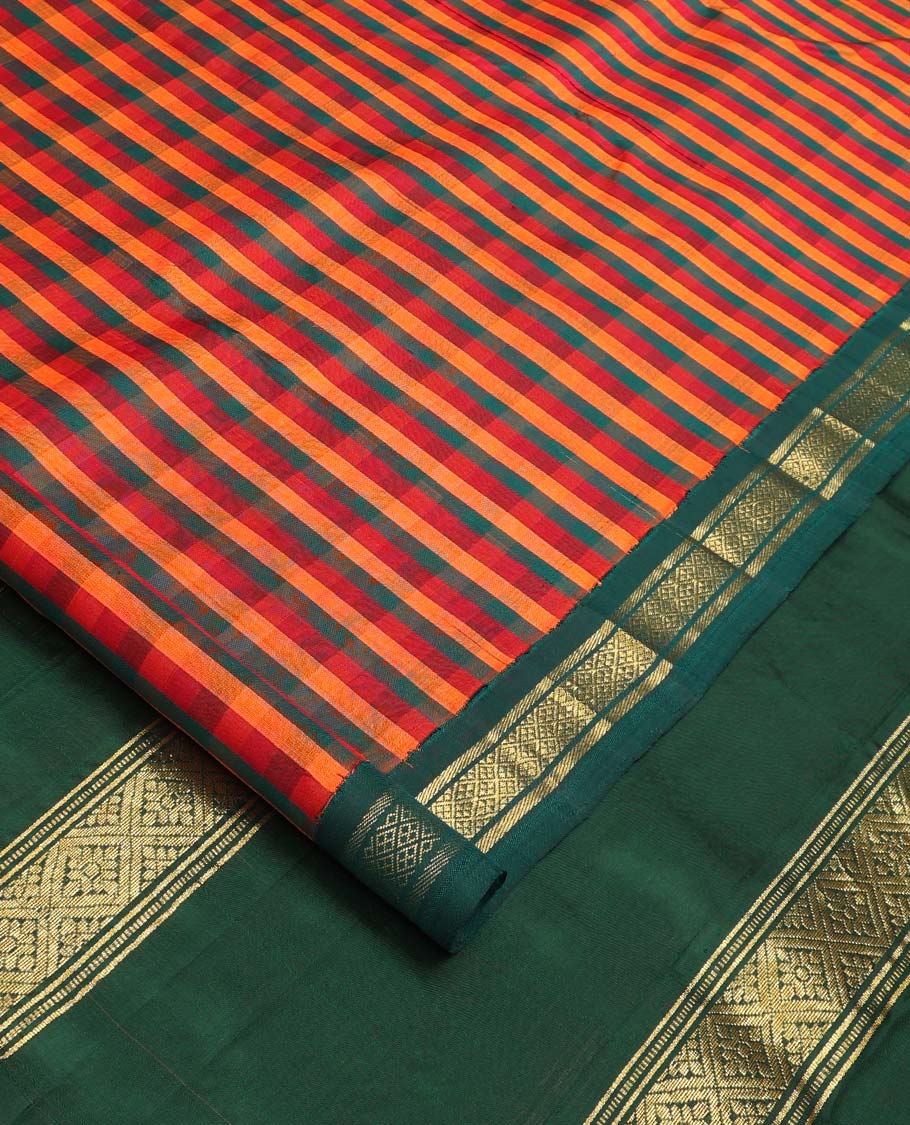 Multi-color paalum pazhamum checked Kanchipuram silk saree, contrast korvai one-sided border of banaras, and jaal designs, and zari design pallu