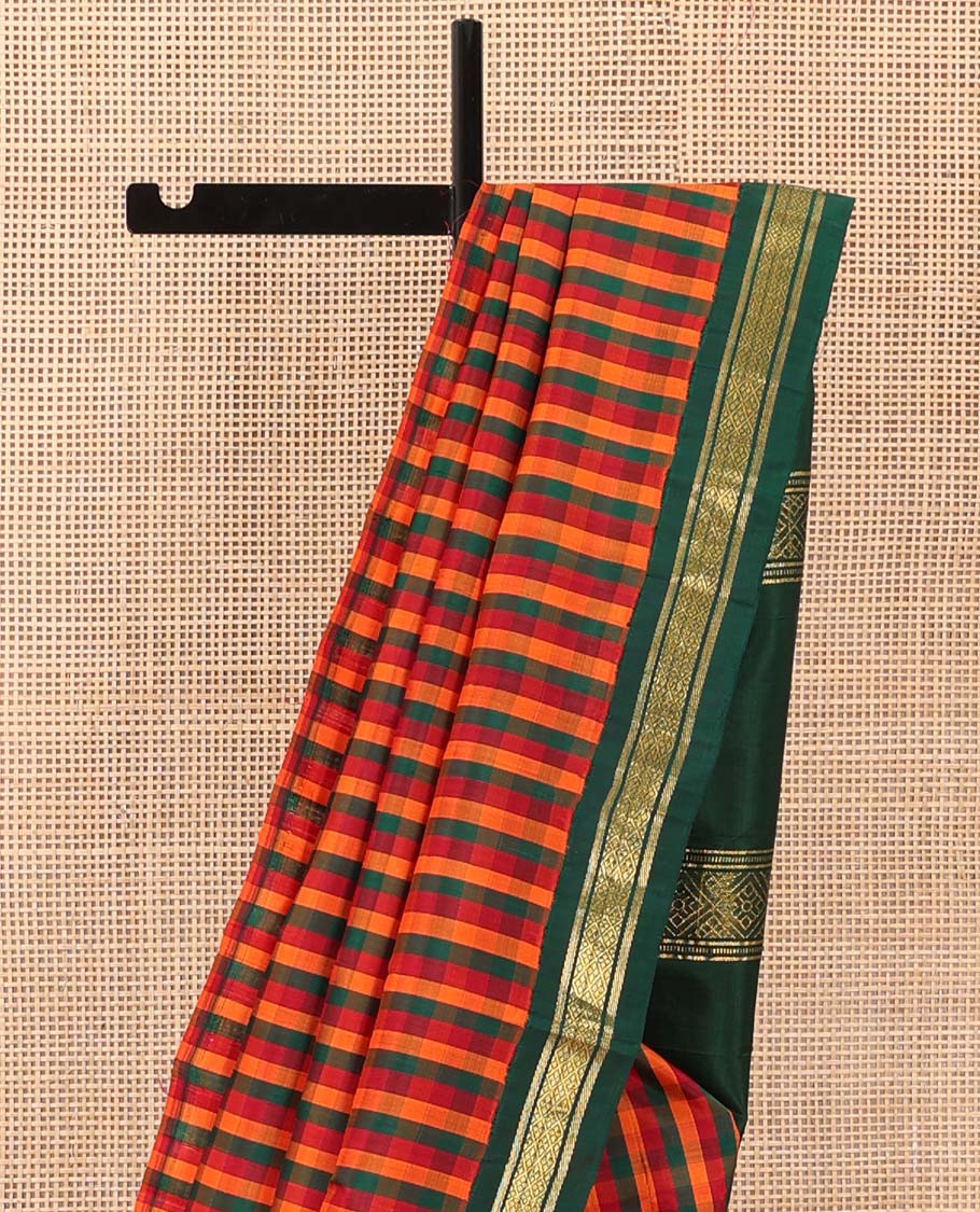 Multi-color paalum pazhamum checked Kanchipuram silk saree, contrast korvai one-sided border of banaras, and jaal designs, and zari design pallu