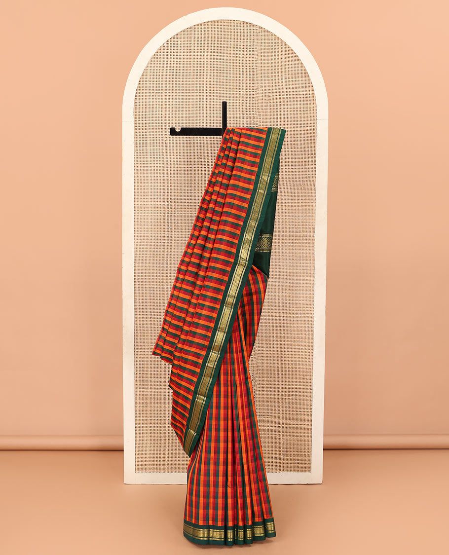 Multi-color paalum pazhamum checked Kanchipuram silk saree, contrast korvai one-sided border of banaras, and jaal designs, and zari design pallu