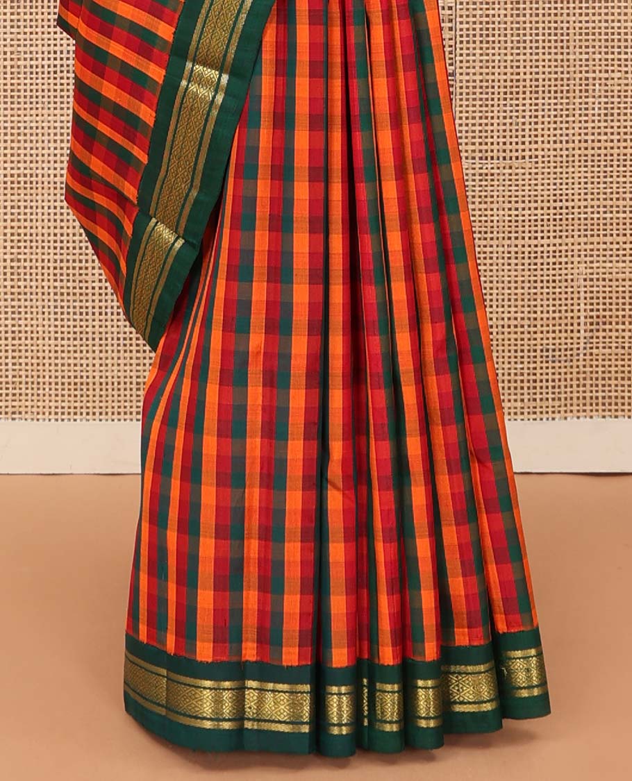 Multi-color paalum pazhamum checked Kanchipuram silk saree, contrast korvai one-sided border of banaras, and jaal designs, and zari design pallu