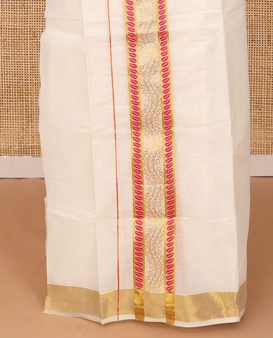Cream plain Kerala mundu set with thread and zari border
