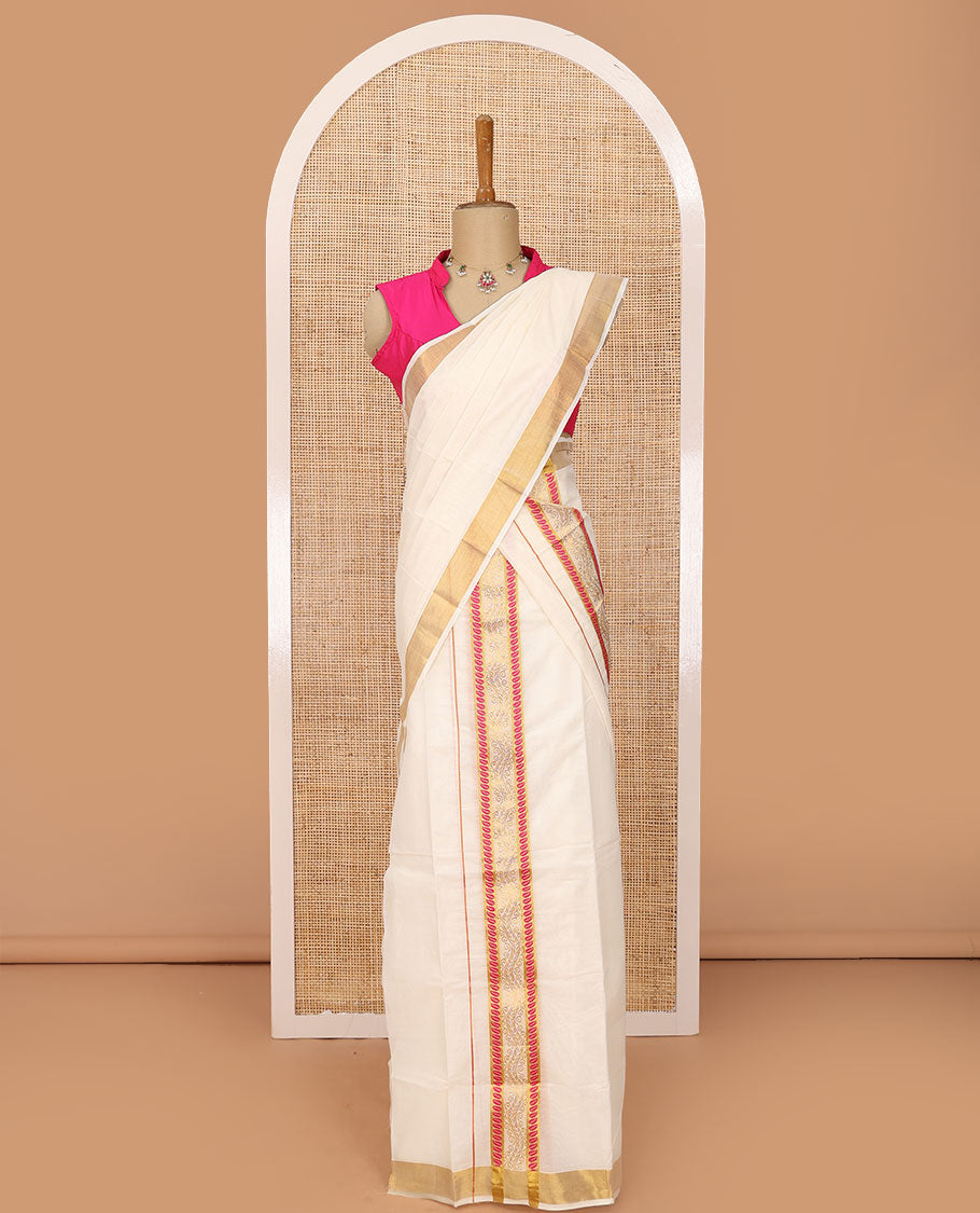 Cream plain Kerala mundu set with thread and zari border