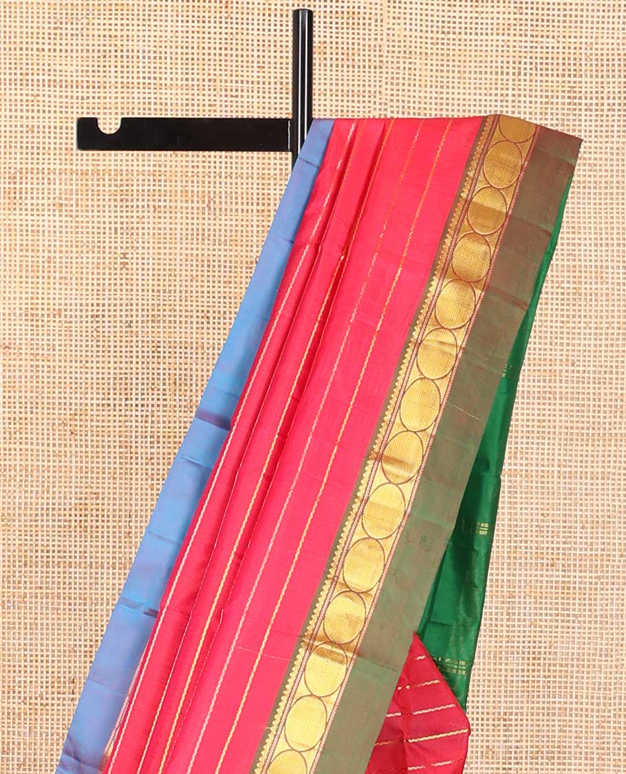 Red striped kancheepuram silk saree with contrast ganga jamuna border of thilakam mokku, banaras, paun & zari design pallu