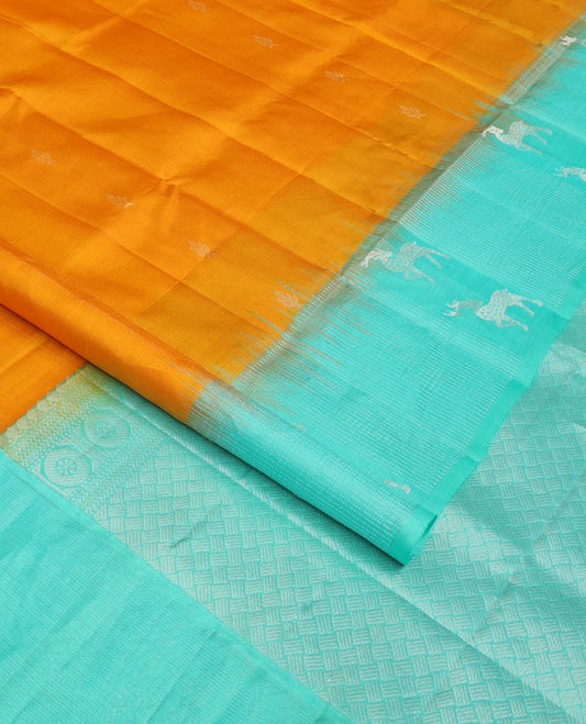 Yellow zari buttas soft silk saree, contrast temple maan motifs border & paiyaadi kann pallu