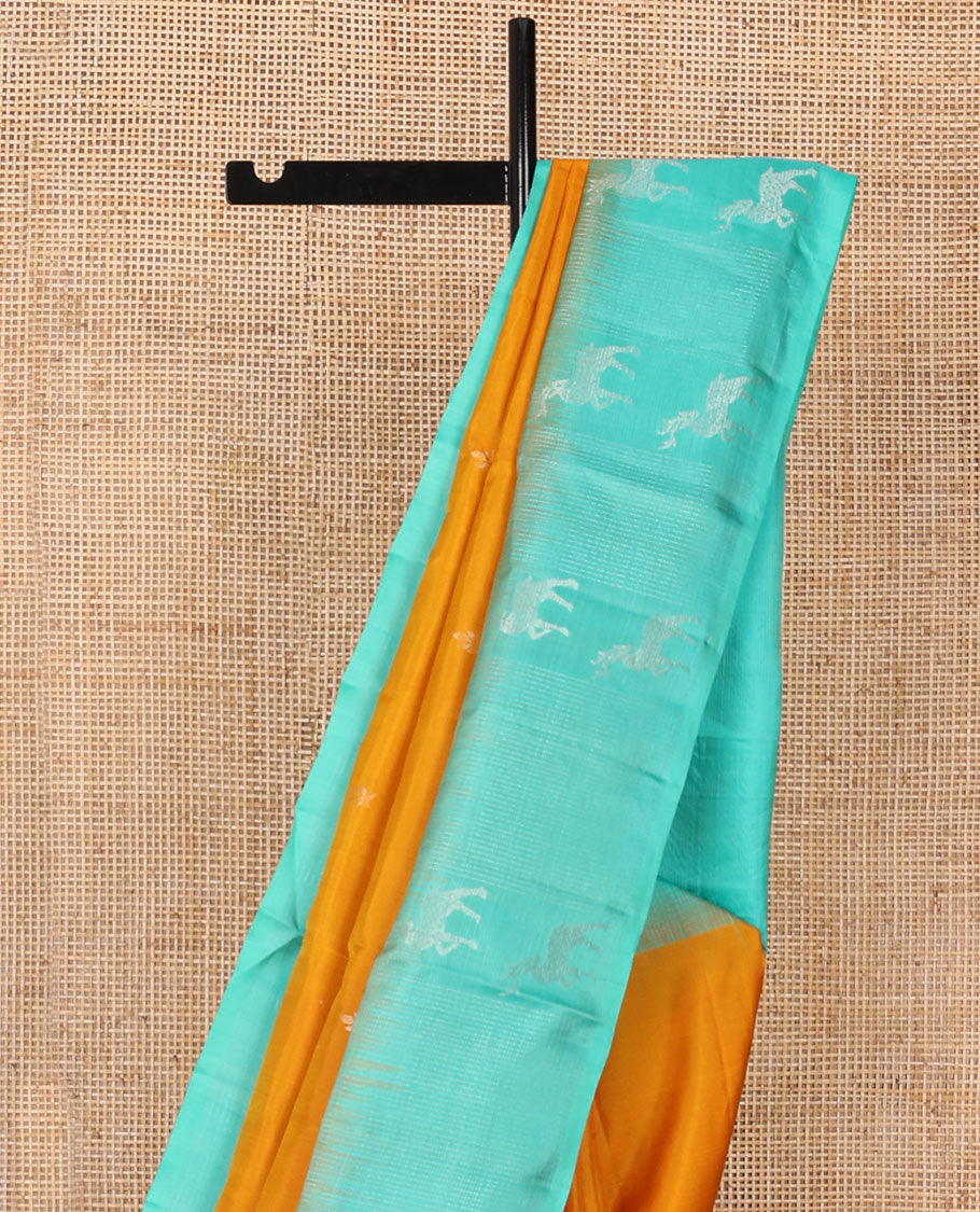 Yellow zari buttas soft silk saree, contrast temple maan motifs border & paiyaadi kann pallu