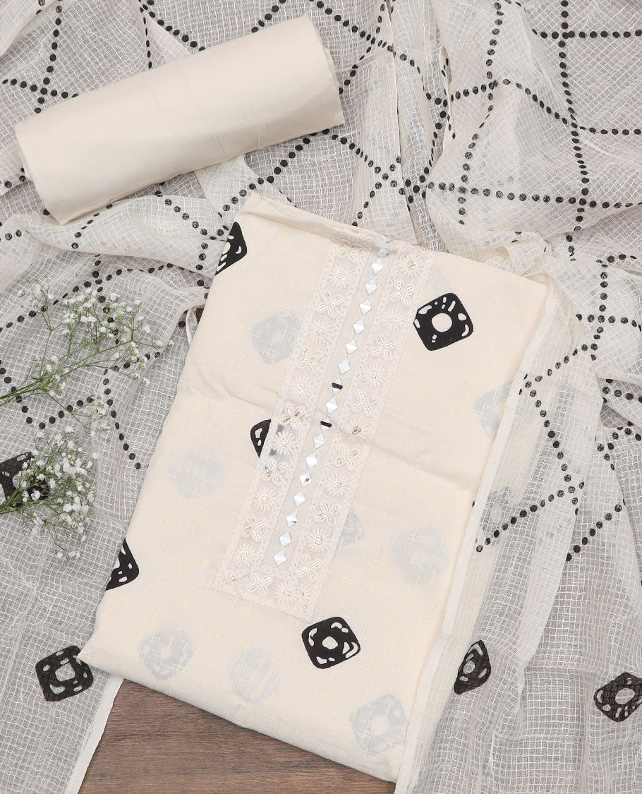 White-black material churidar set, shibori motifs print with mirror embroidered top, plain bottom, and a chex kota dupatta of polka dots
