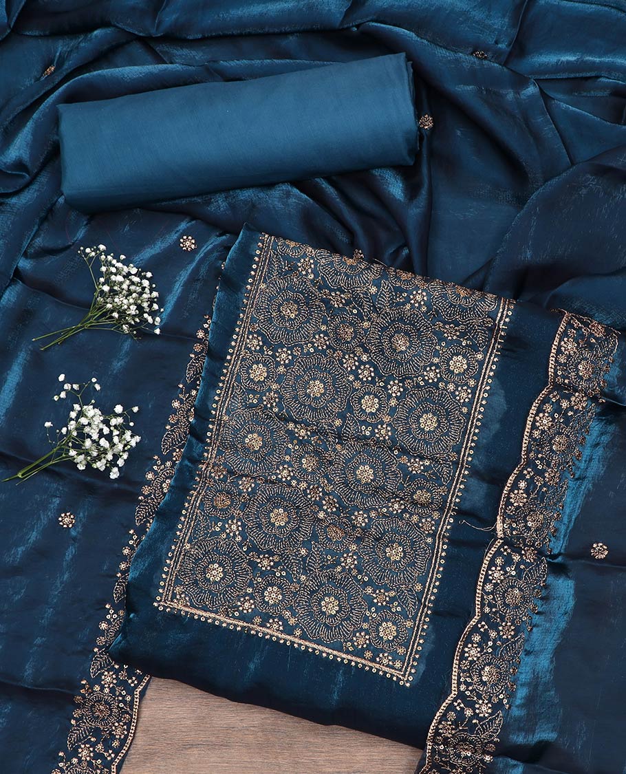 Blue material chudidar set, neck embroidered top, plain bottom and scallop floral embroidered dupatta