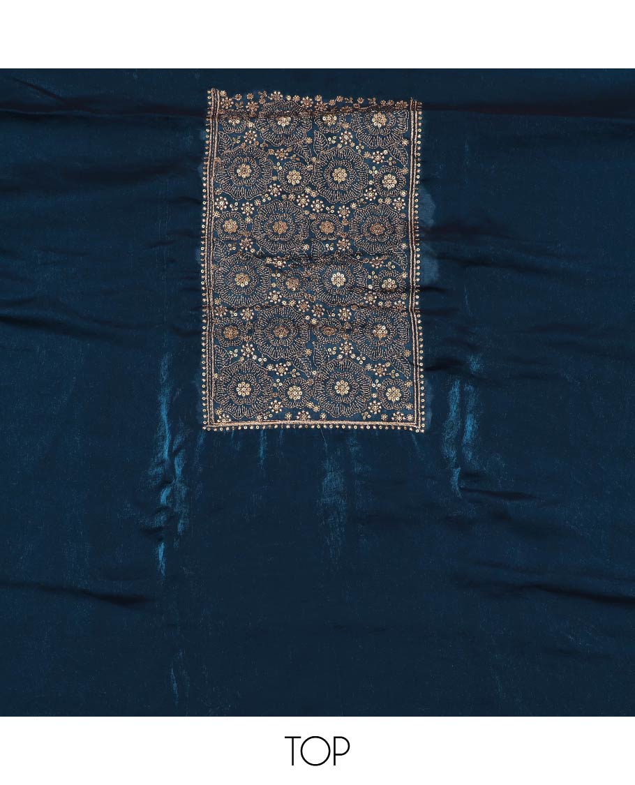 Blue material chudidar set, neck embroidered top, plain bottom and scallop floral embroidered dupatta