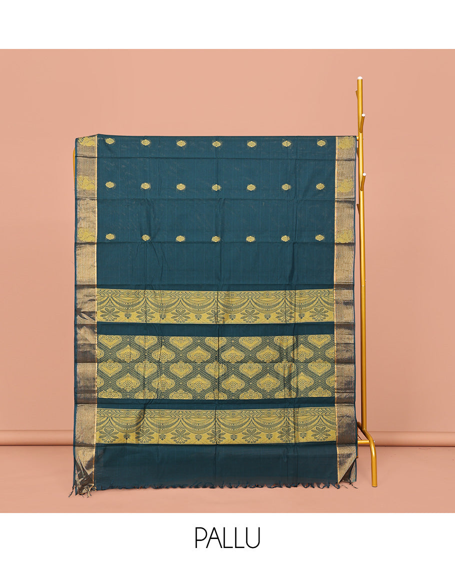 Blue Kanchi Cotton Saree, Embellished with Buttas on Its Body, a Subtle Zari Border, Pallu of Intricate Designs, and Paired with a Matching Blouse