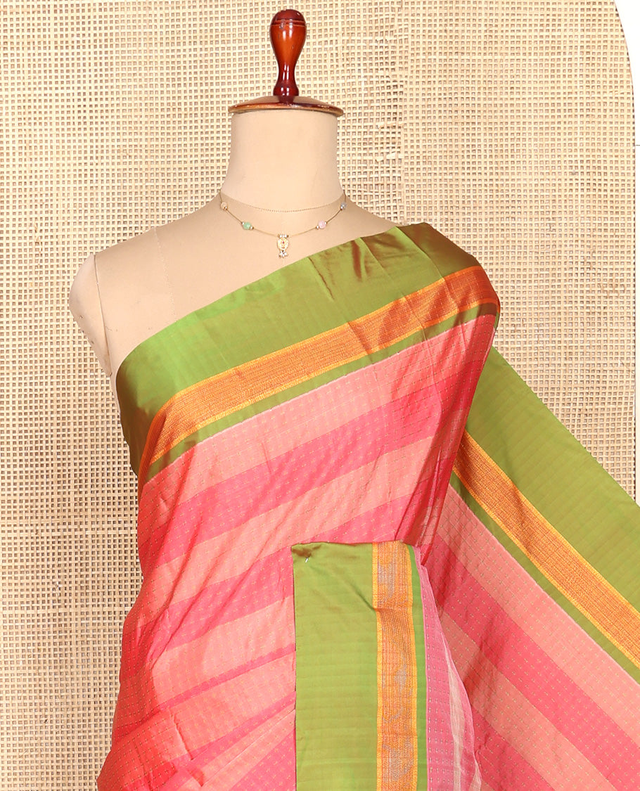 Pink Aarani Silk Saree, Decked Up with Stripes and Buttas All Over Its Body, Complemented by a Contrast Zari Stripes Border, Pallu of Stripes, and Paired with a Contrast Blouse