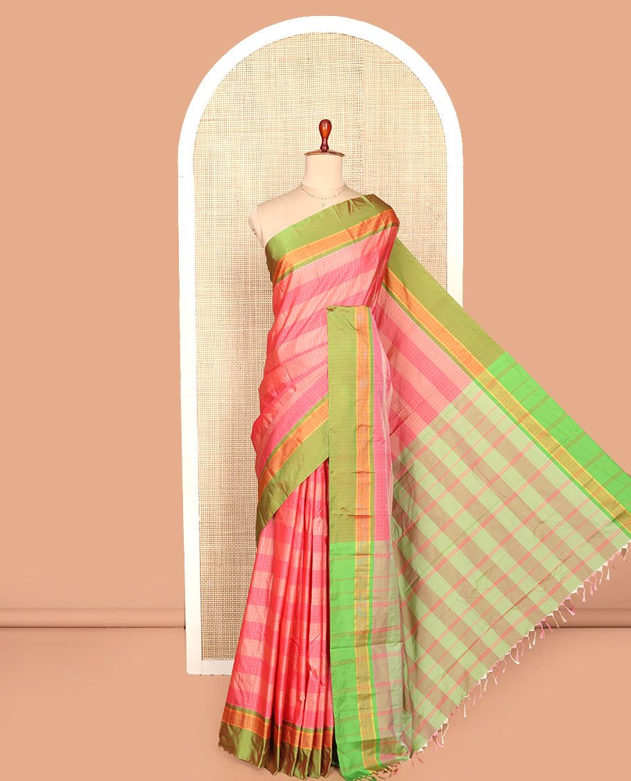 Pink Aarani Silk Saree, Decked Up with Stripes and Buttas All Over Its Body, Complemented by a Contrast Zari Stripes Border, Pallu of Stripes, and Paired with a Contrast Blouse
