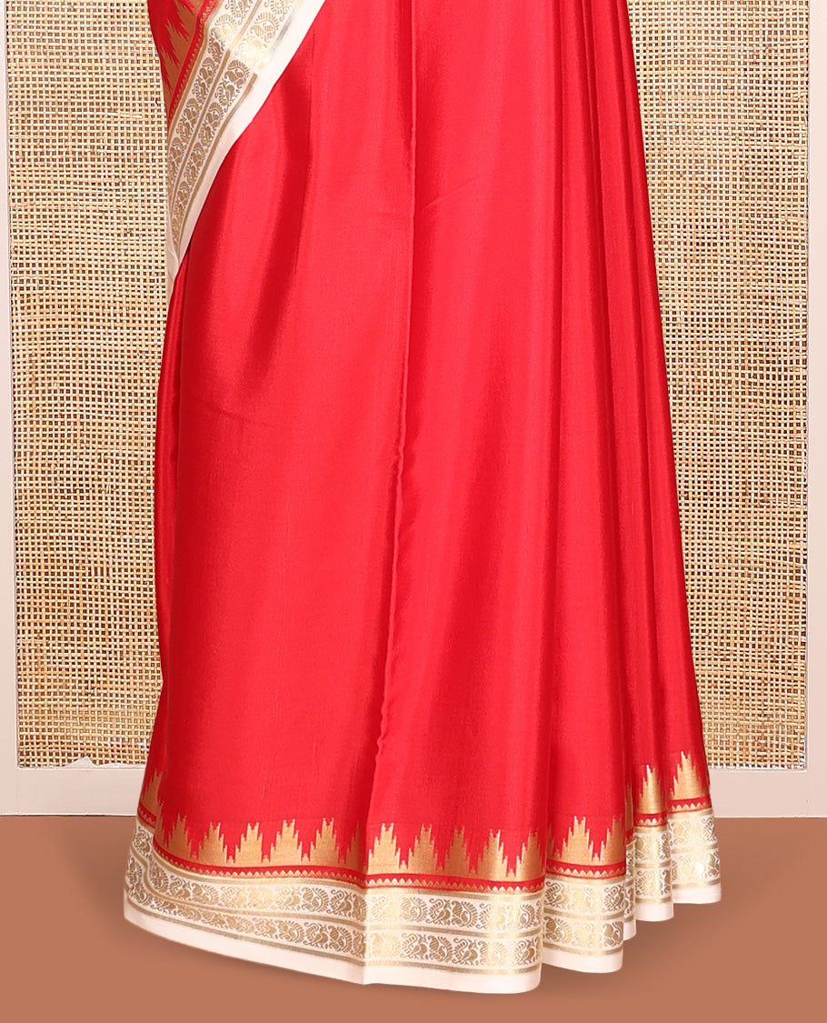Red Plain Mysore Silk Saree, Complemented by a Contrast Temple Peacock Zari Border, Zari Design Pallu, and a Contrast Blouse