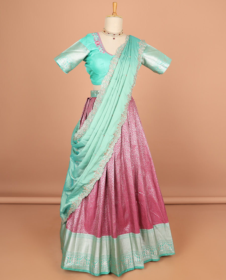 pink floral jacquard half saree with self floral zaei design border , zari design bluse & plain, zari design border dhavani