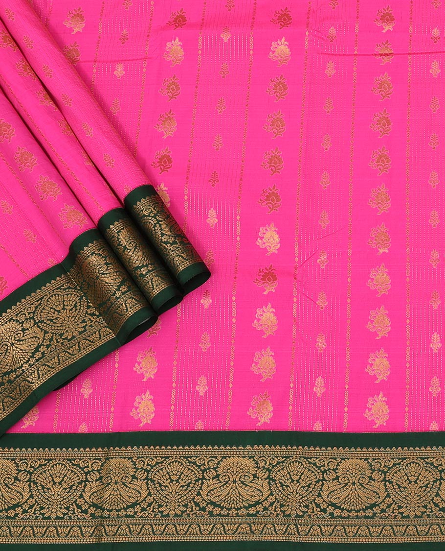 Rani Pink Art Silk Pavadai Material Set, Enriched with Zari Designs Skirt, Complemented by a Contrast Traditional Zari Design Border, and Paired with a Contrast Blouse