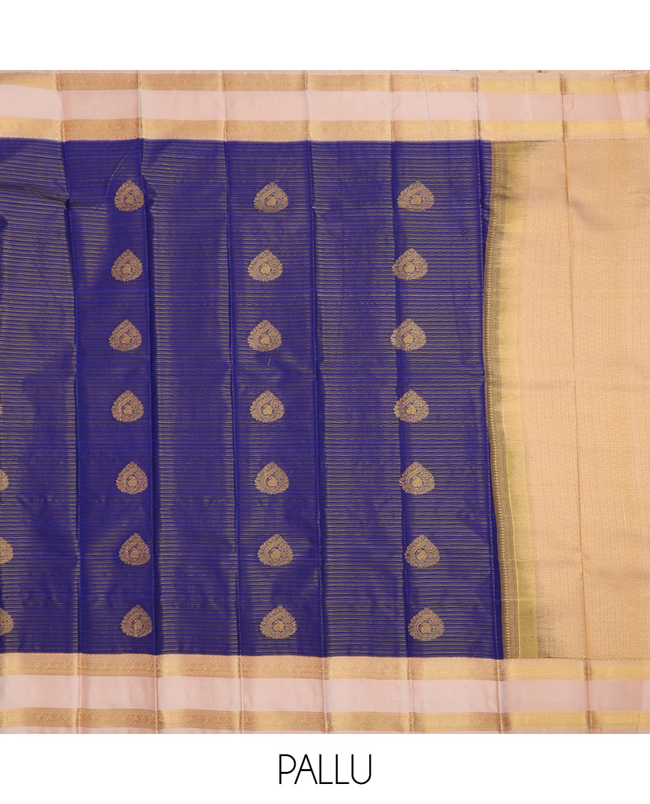 Blue zari design budget silk saree, contrast traditional zari rettai pettu border, and zari design pallu