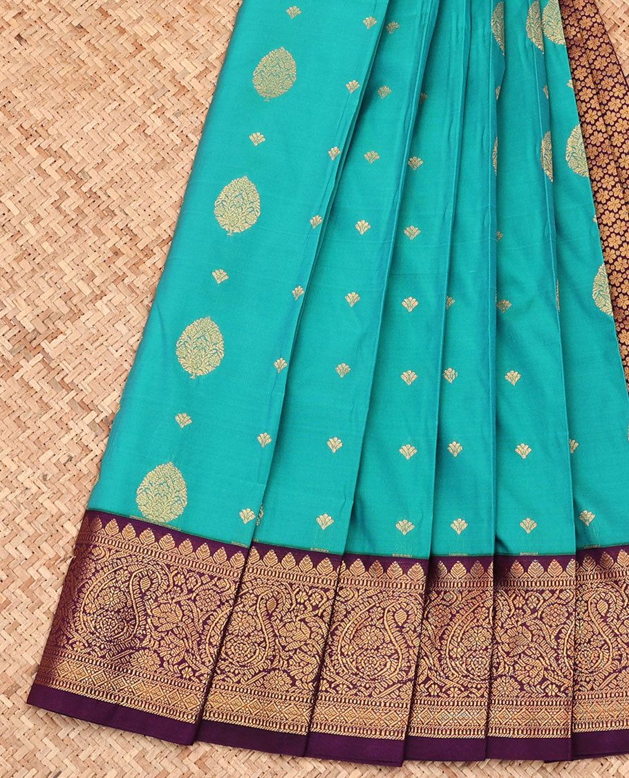 Green Budget Silk Saree, Woven with Zari Buttas All Over Its Body, Complemented by a Contrast Traditional Zari Design Border, Grand Pallu, and Paired with a Contrast Blouse