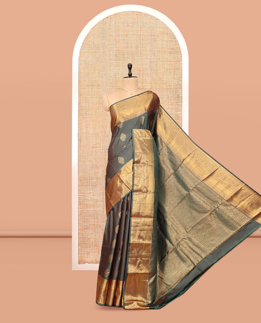 Green Budget Silk Saree, Featuring Zari Buttas, Highlighted by Traditional Zari Border, Pallu of Jaal Designs, and Matching Blouse